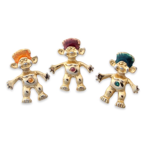 Vintage Troll Doll Pin Set 3 Pins Orange, Purple and Green Gold Tone Clutch Back - Picture 1 of 3